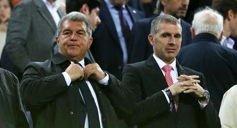 Joan Laporta y Delfí Geli, en el palco, en un partido entre Barcelona y Girona.