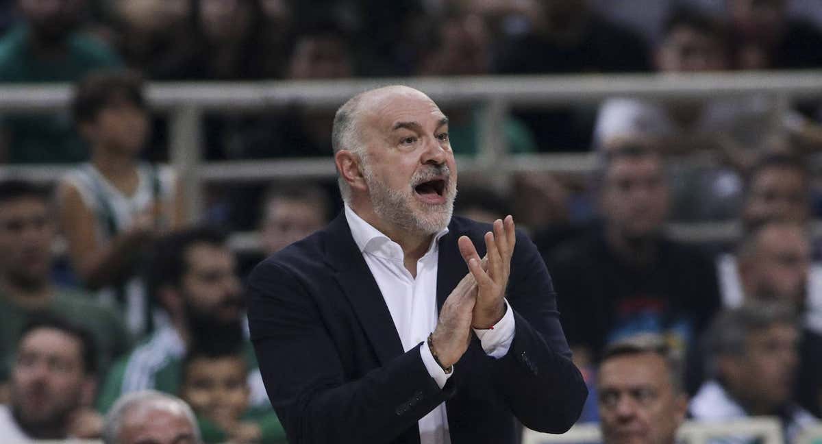 Pablo Laso aplaude durante un partido con el Bayern.