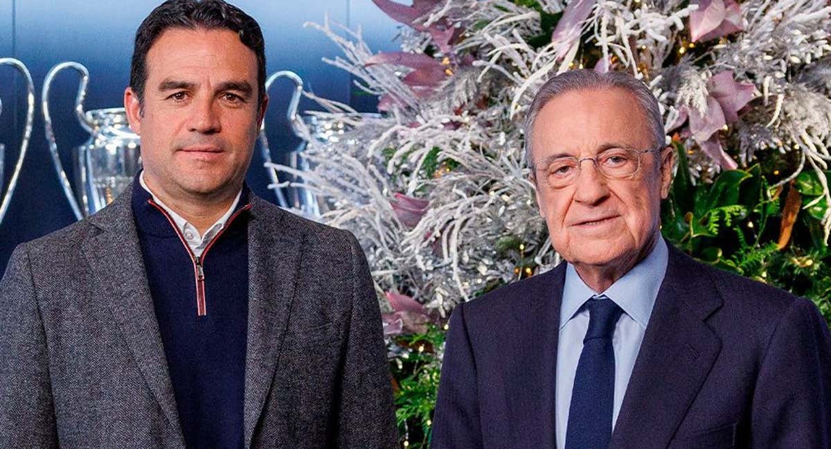 Alberto Toril, entrenador, y Florentino Pérez, presidente del Real Madrid, durante la felicitación navideña del club.