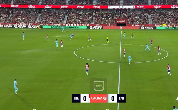 Gavi recibe rodeado por dos contrarios y son casi ninguna línea de pase clara cercana. El Granada recupera la pelota en esta situación.  WYSCOUT
