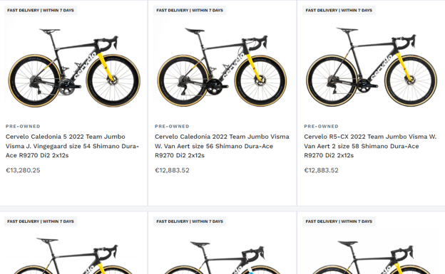 Las bicicletas de Vingegaard, Van Aert y Vos, en el portal italiano. BikeRoom