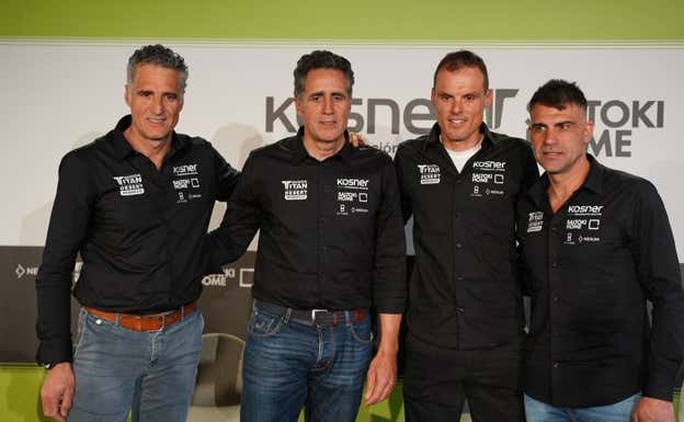 Prudencio Induráin, Miguel Induráin, Luis León Sánchez y Óscar Pereiro, este martes en Madrid. Kosner-Saltoki Home