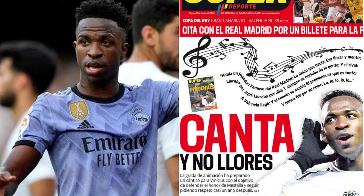 Vinicius en Mestalla y la portada del diario valenciano SUPER. /Archivo/SUPER