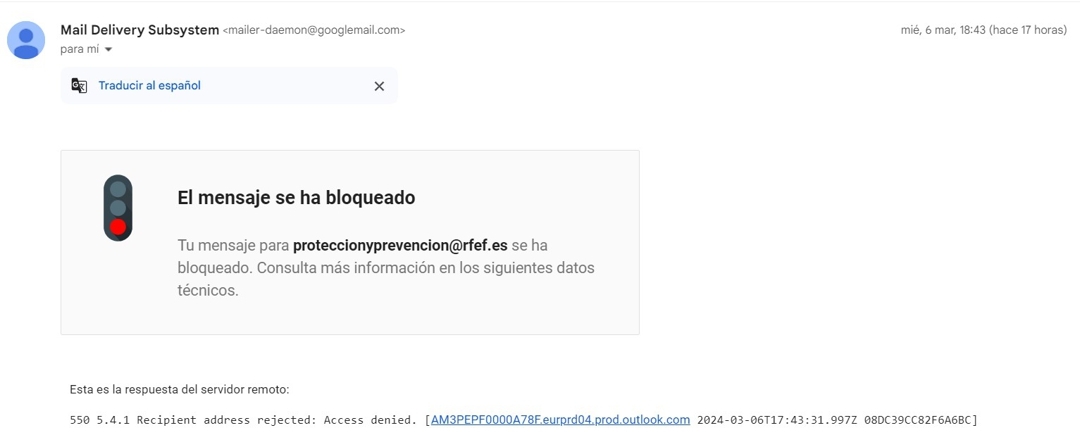 Captura de pantalla del envío de un email el 6 de marzo de 2023 a la dirección de correo electrónico habilitada para denunciar actuaciones de violencia sexual en la RFEF.  Relevo