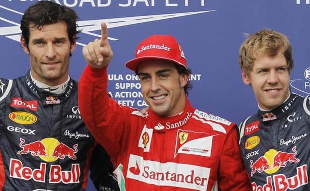 Mark Webber, Fernando Alonso y Sebastian Vettel, en el GP de Alemania 2012 de F1.  Archivo