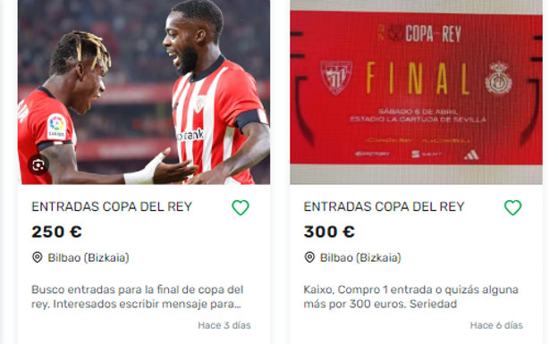 Captura de Milanuncios en la que aficionados del Athletic tratan de conseguir entradas.