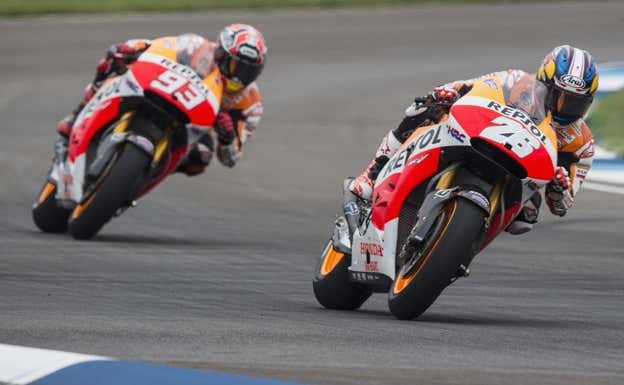 Dani Pedrosa y Marc Márquez, rodando con las Hondas.  Getty