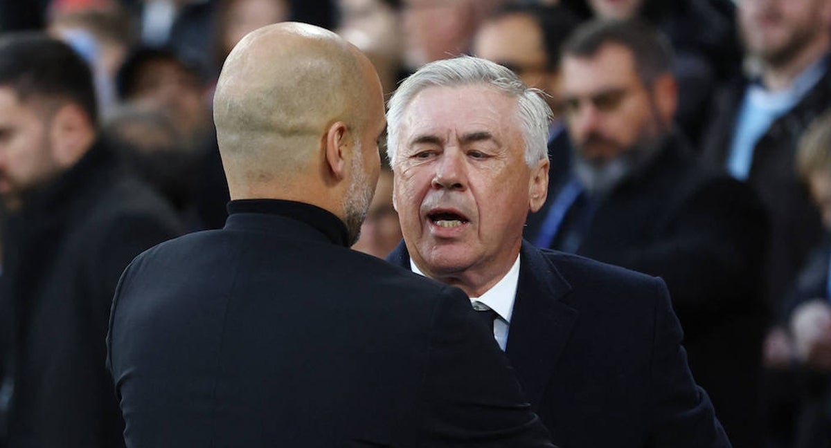 Guardiola y Ancelotti se saludan antes del City-Madrid.