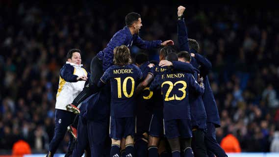 Los jugadores del Real Madrid celebran el triunfo ante el City./AFP