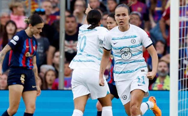 Guro Reiten celebrando el empate en el Camp Nou.  REUTERS