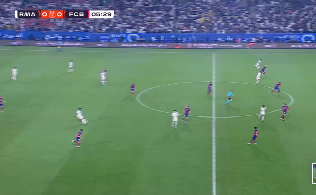 Tchouaméni está solo y la lanza al espacio que atacan Bellingham, Vinícius y Rodrygo.  WYSCOUT