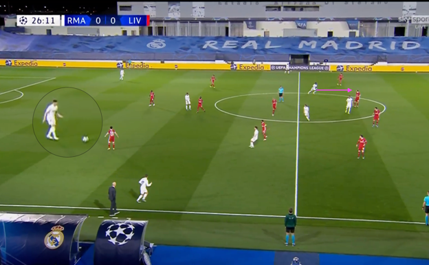 Kroos señala el espacio a Vinicius previo al desmarque del brasileño.  WYSCOUT