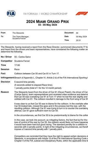 Documento de la sanción a Carlos Sainz.  FIA