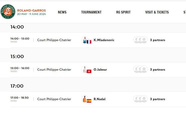 Imagen de la página oficial de Roland Garros con los horarios de entrenamiento. Roland Garros