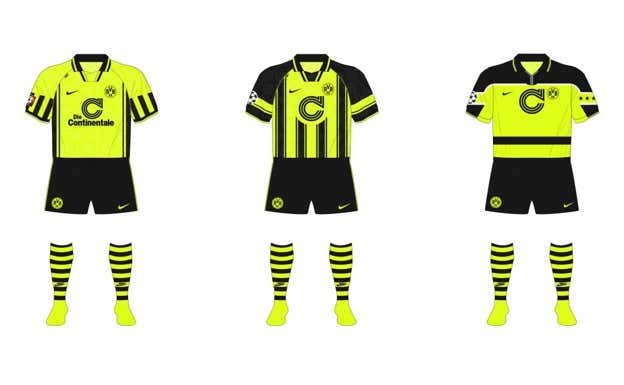 BVB 96-97: indumentaria local, versión especial para Champions League y equipación de la temporada 97-98 vestida en la final.  MUSEUM OF JERSEYS
