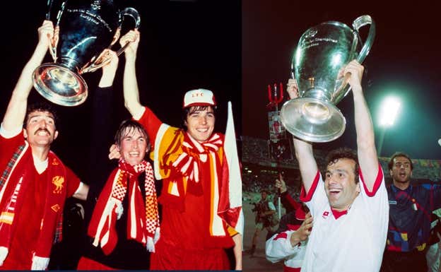 Camisetas únicas de Liverpool y Milan con la Champions.  MONTAJE (GETTY)