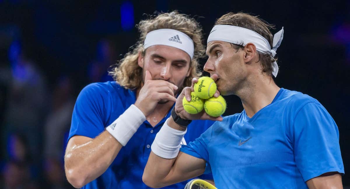 Tsitsipas y Nadal, durante el dobles que formaron en la Laver Cup de 2019.