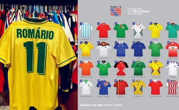 Montaje de camisetas de los distintos participantes del Mundial 94.  Classic Football Shirts