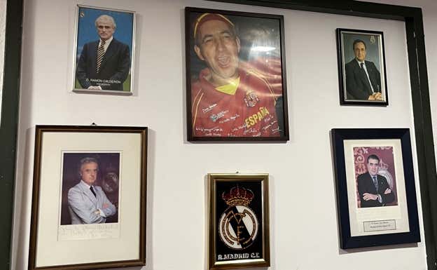 El mural en la Peña dedicado a los últimos dirigentes del Real Madrid y a Bo, expresidente de la asociación.  RELEVO