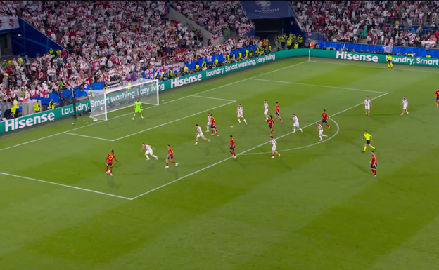 Prácticamente 7 jugadores en el área de Georgia antes del gol de Rodri.  WYSCOUT