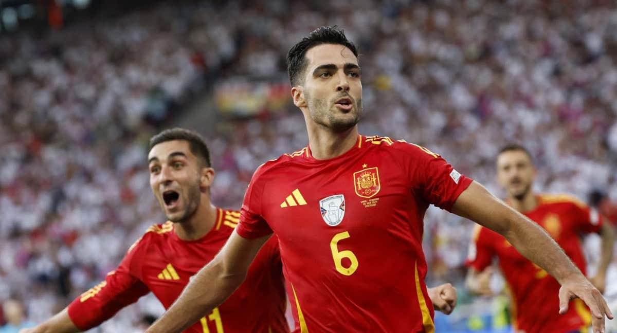 Mikel Merino celebra su gol a Alemania con sus compañeros de la Selección./REUTERS/HEIKO BECKER