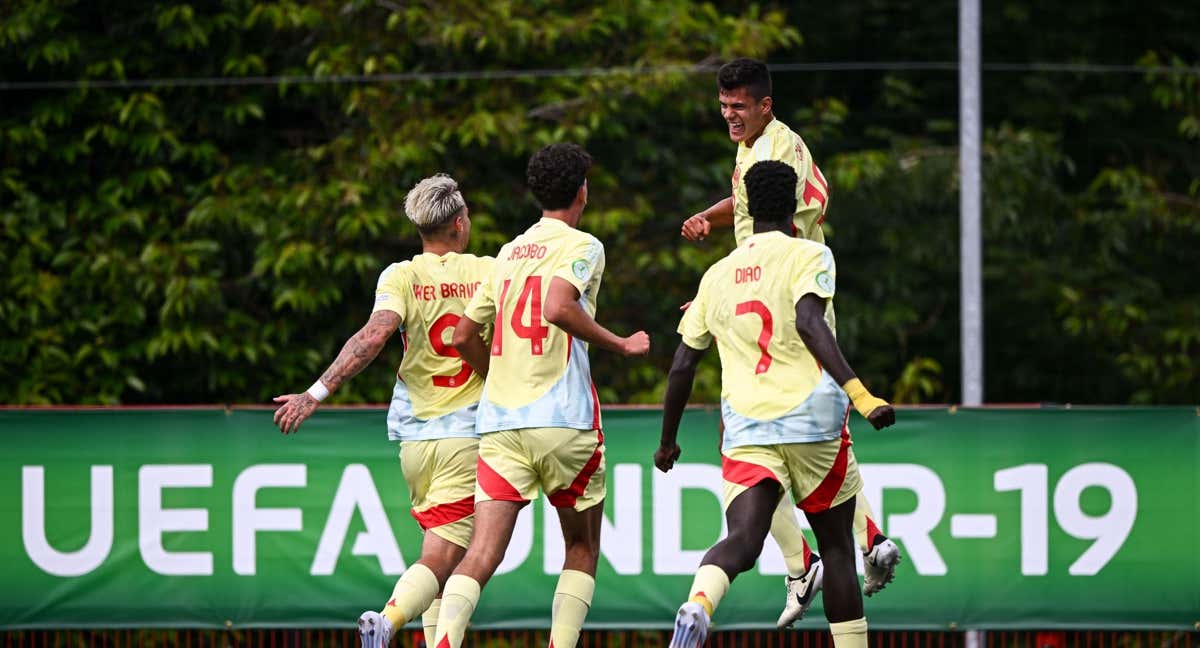 El equipo celebra un gol en el partido ante Dinamarca.
