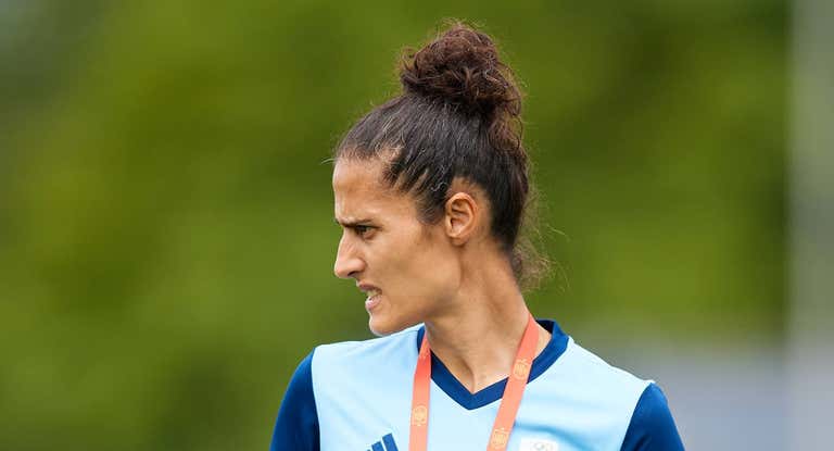 Montse Tomé, en un entrenamiento de la Selección en los JJOO.