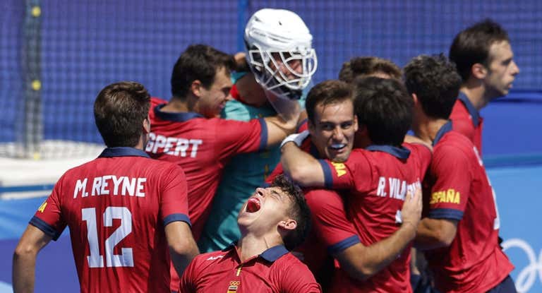 La Selección de Hockey celebra el triunfo ante Bélgica.