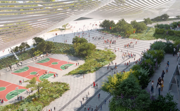 Tres canchas de baloncesto junto al estadio.  POPULOUS