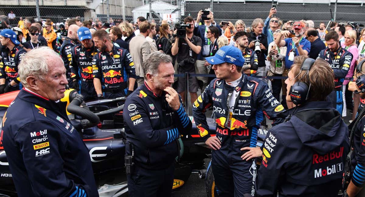 Helmut Marko, Christian Horner y Max Verstappen, antes del GP de los Países Bajos.