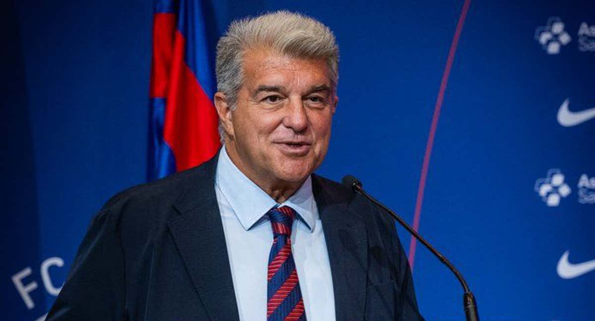 Joan Laporta durante la rueda de prensa de balance de mercado.