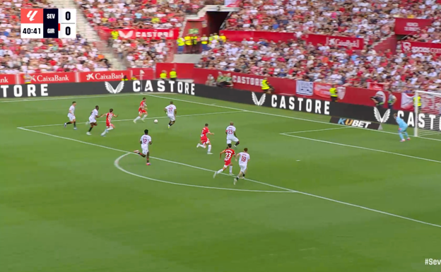 Una vez Miguel recibe, el Sevilla solo tiene a dos jugadores para defender a los dos atacantes del Girona, en un 2x2 ventajoso para los catalanes.  WYSCOUT