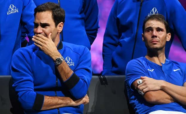 Nadal y Federer llorando en la final de la Laver Cup 2022. EFE
