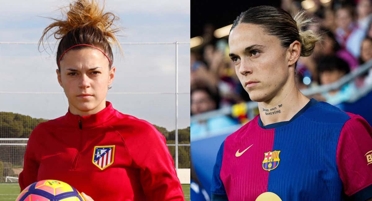 A la izquierda, Mapi León posa como jugadora del Atlético de Madrid durante una entrevista en 2017. A la derecha, Mapi León salta al campo como jugadora del Barça durante esta temporada.