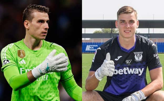 Lunin, en Champions con el Madrid y en su presentación con el Lega.  CD. LEGANÉS.