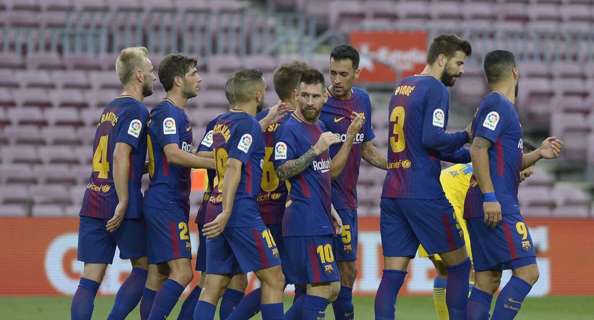 Los jugadores del Barcelona celebran uno de los goles anotados ante Las Palmas el 1 de octubre de 2017.