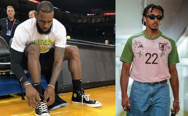 LeBron con Converse piratas (2018), Koundé con camiseta personalizada (2023).