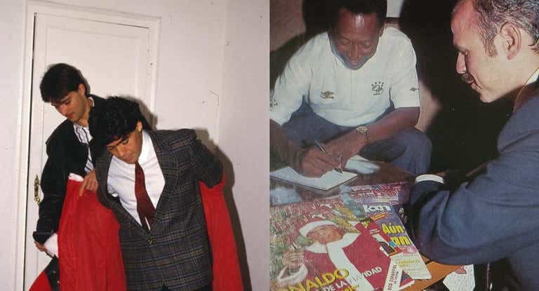 Maradona poniéndose el traje de Papa Noel y Pelé, viendo las revistas Don Balón de Navidad.