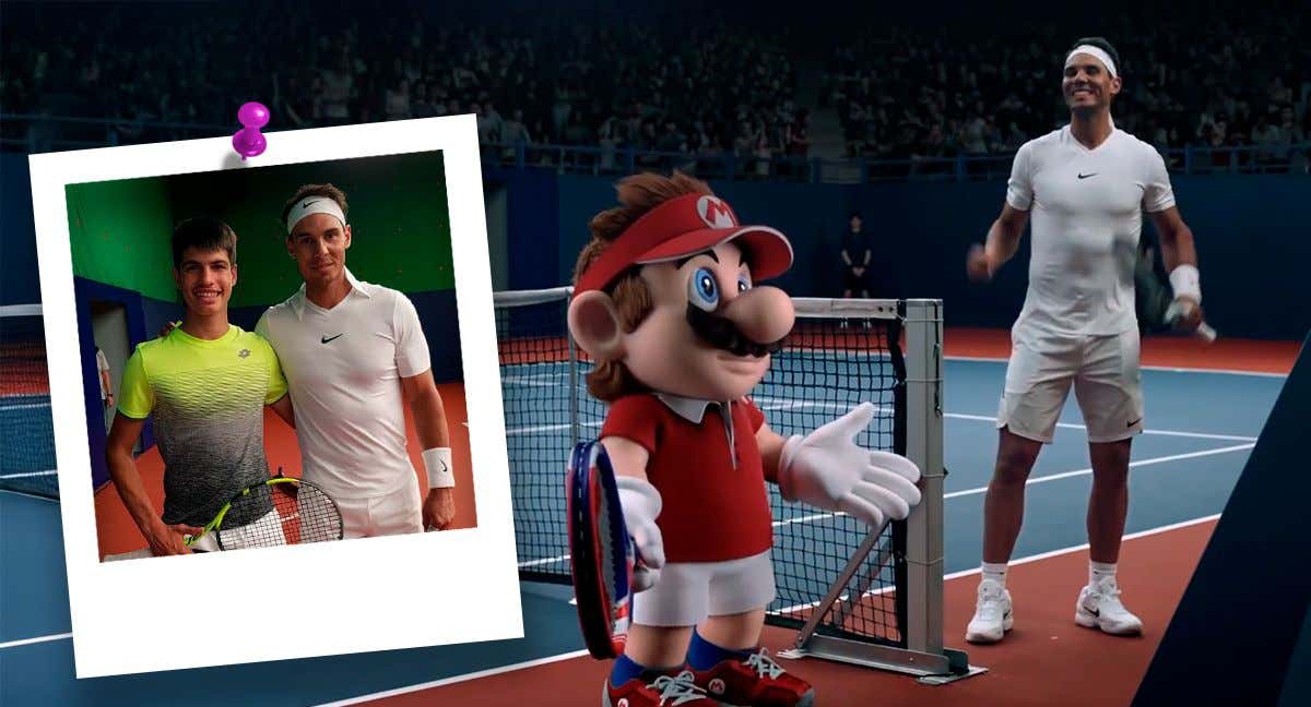 Carlos Alcaraz posa con Rafael Nadal durante la grabación del anuncio de Nintendo. /Relevo