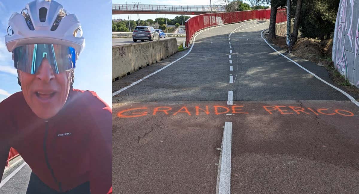 Perico Delgado, en su vídeo publicado en diciembre. A la derecha, las pintadas en el carril bici.