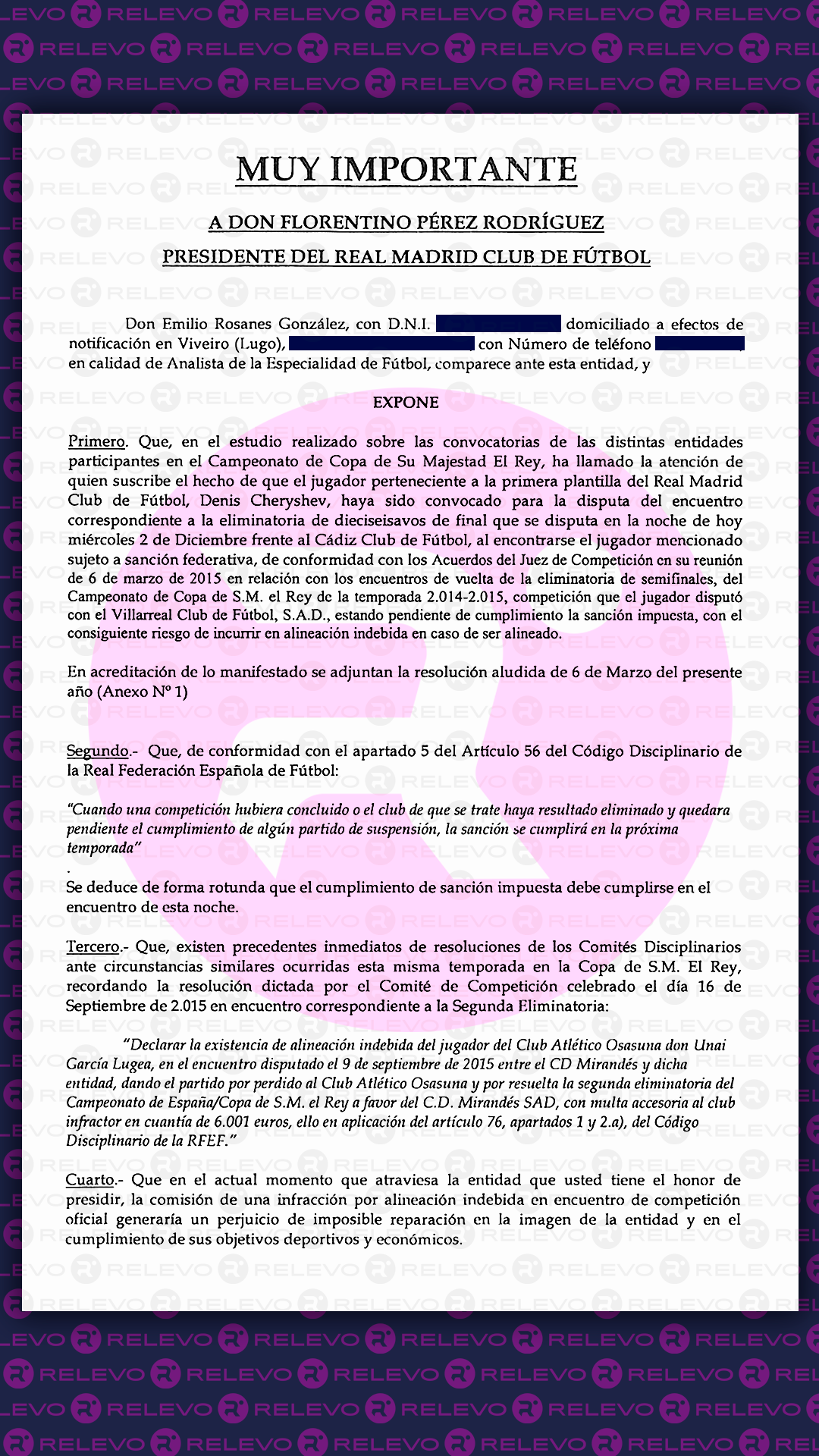 Fax original recibido por la secretaría de presidencia del Real Madrid a las 17:29.  RELEVO