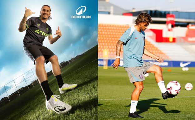 Griezmann x Kipsta antes y después de la firma (Versus, Decathlon)