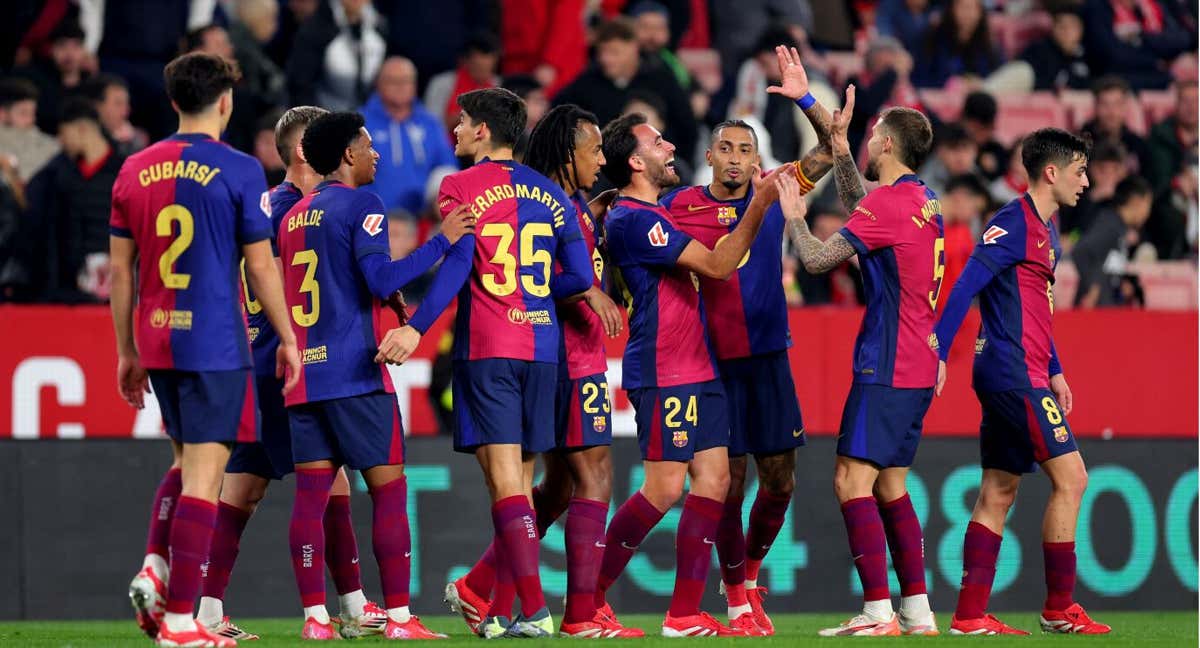 El FC Barcelona celebra el cuarto tanto ante el Sevilla. /GETTY