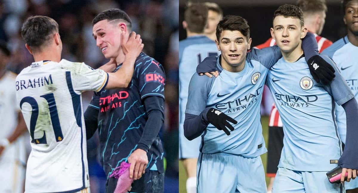 Brahim Díaz y Phil Foden celebran un gol juntos en 2017./Getty Images