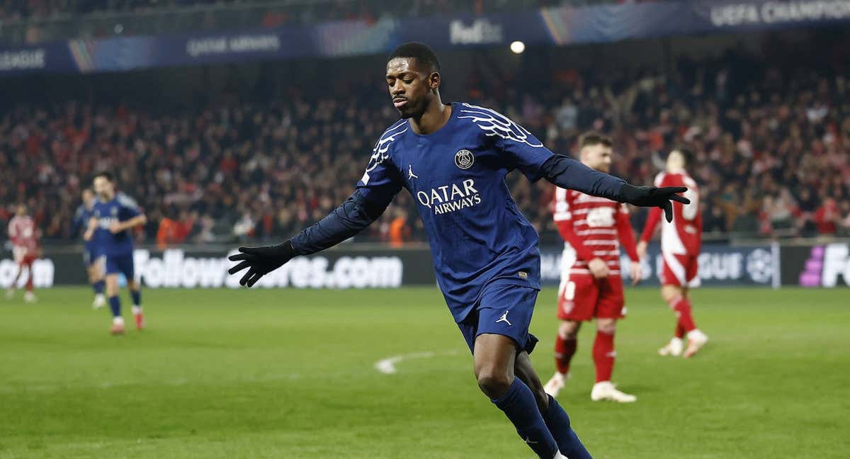 Dembélé celebra su gol contra el Brest./REUTERS