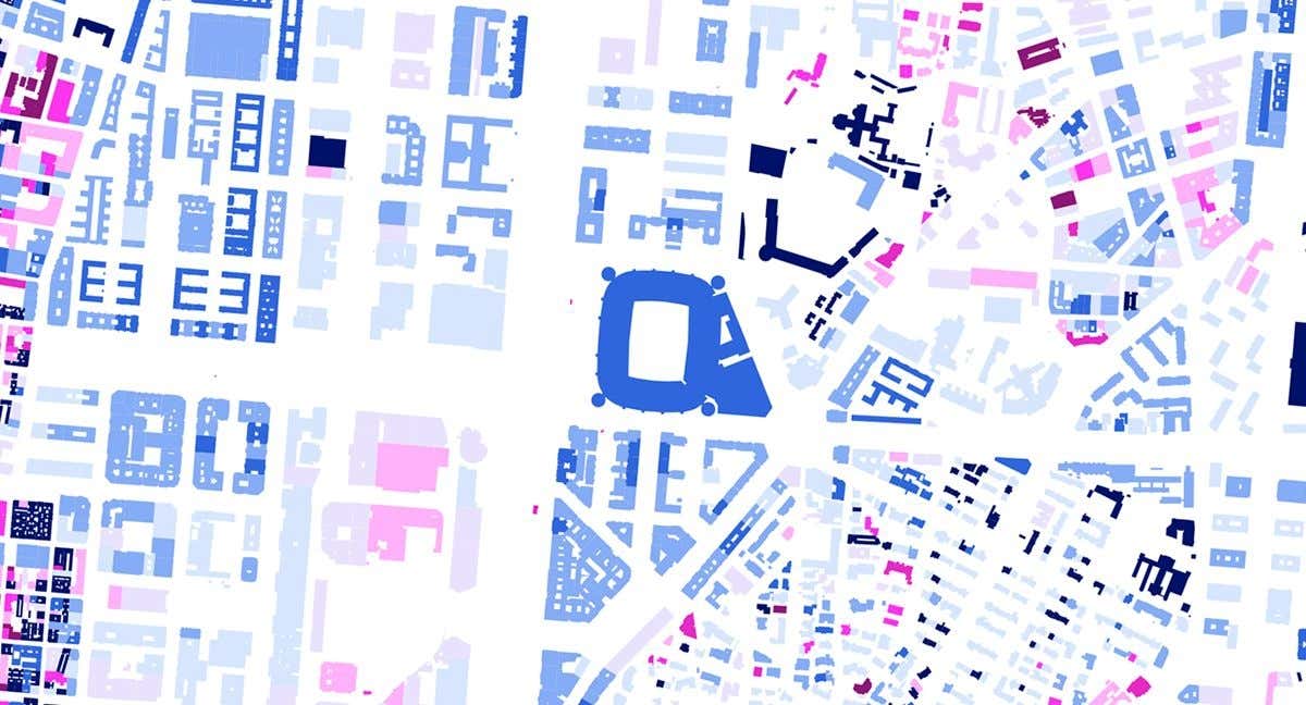 Mapa de la antigüedad de los edificios alrededor del Santiago Bernabéu. /Relevo