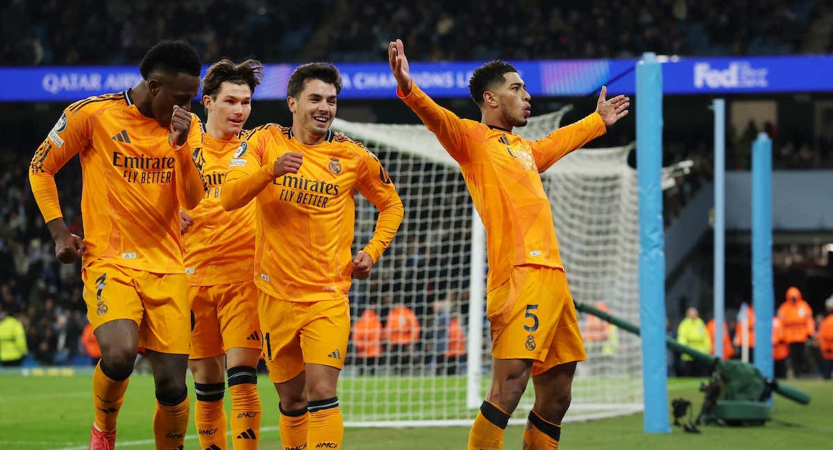 Jude Bellingham celebra el gol de la victoria del Real Madrid en el Etihad Stadium./REUTERS