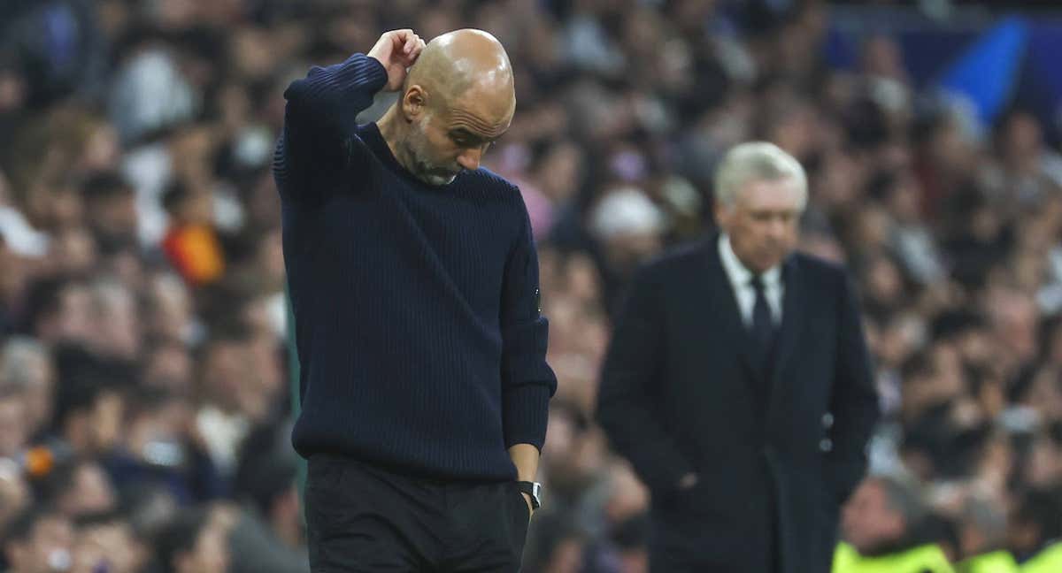 Pep Guardiola se lamenta en el Santiago Bernabéu./EFE