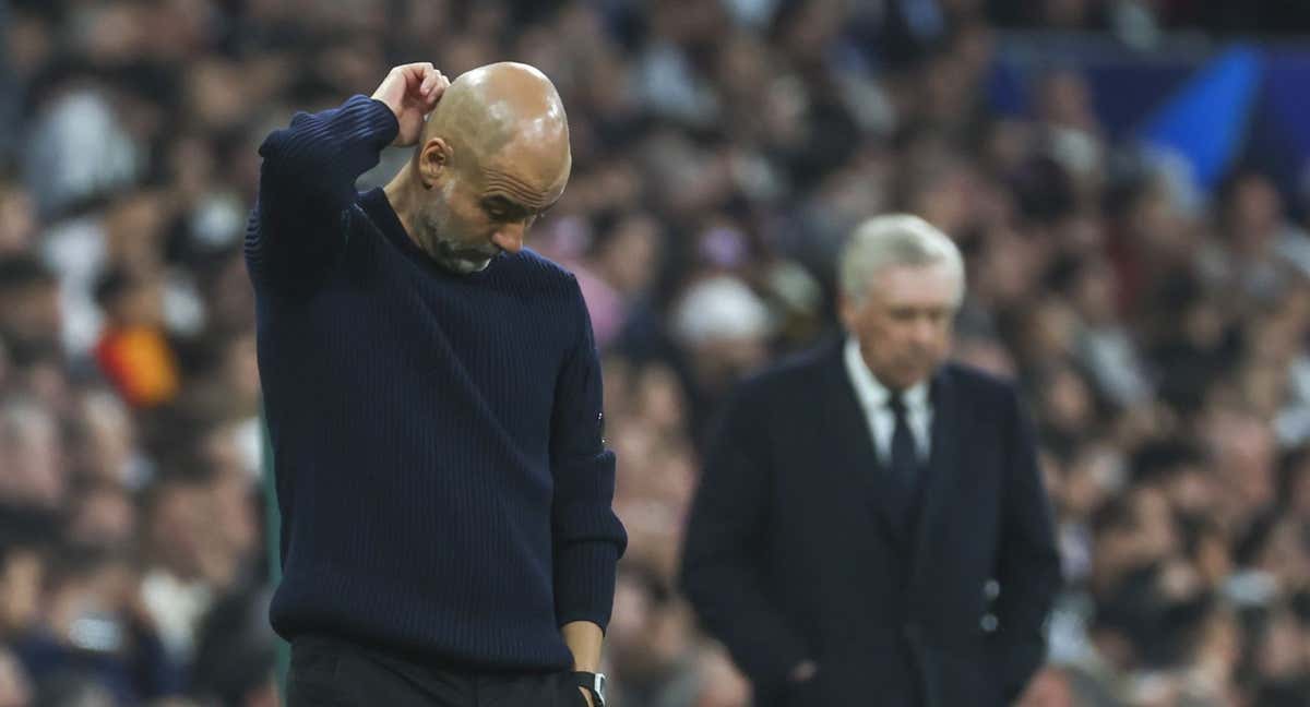 Guardiola lamentándose en el Santiago Bernabéu./EFE