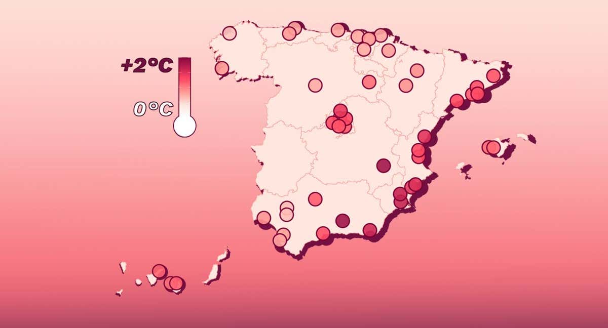 El mapa de las anomalías térmicas de las zonas de los estadios de Primera División en este siglo./RELEVO